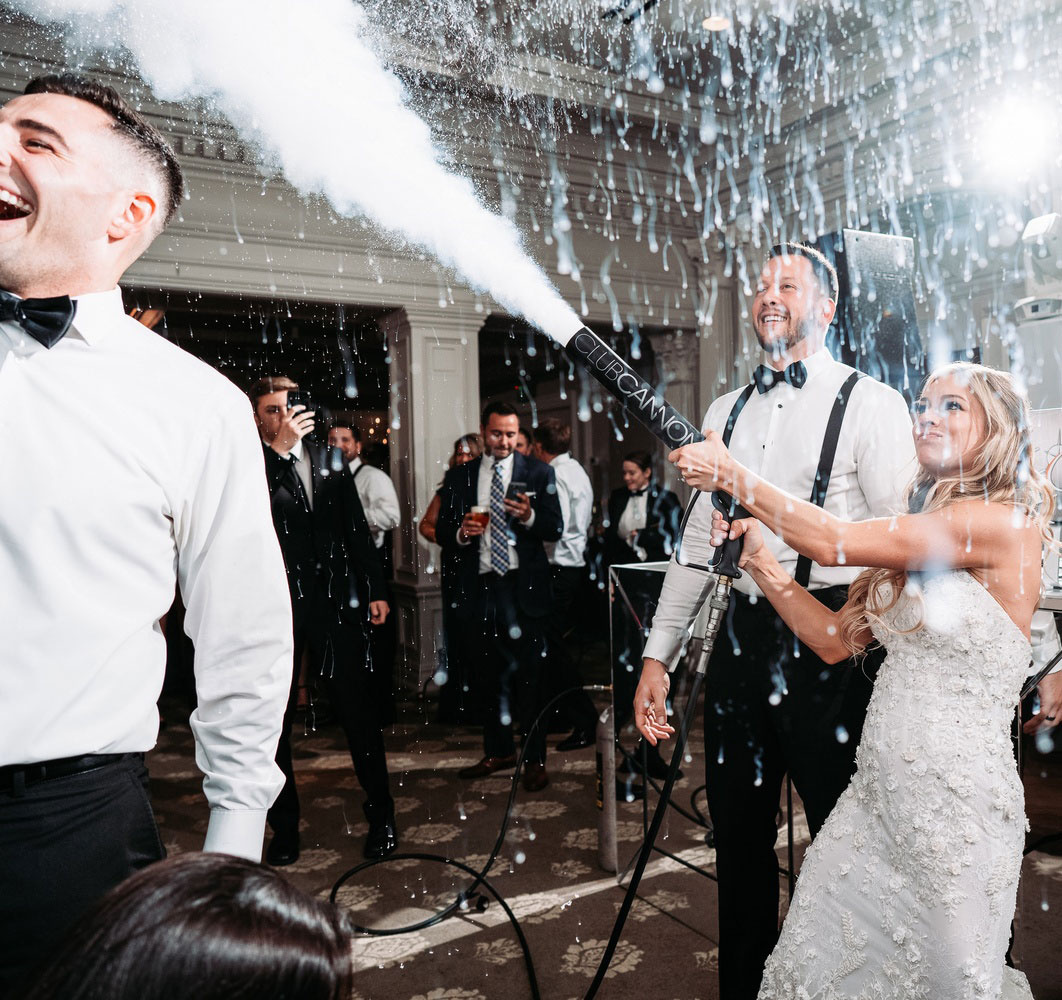 intelligent dance lighting and photo moment backdrop at upscale wedding